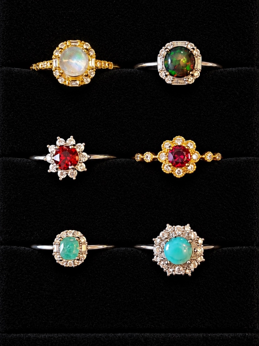 PICK 1 | Gemstone Halo Rings | Moonstone Black Opal Ruby Emerald | Art Deco